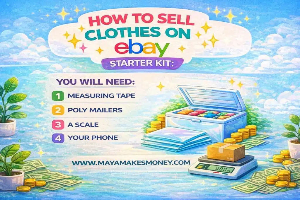 How to sell clothes on eBay starter kit graphic listing supplies: measuring tape, poly mailers, a scale, and your phone.