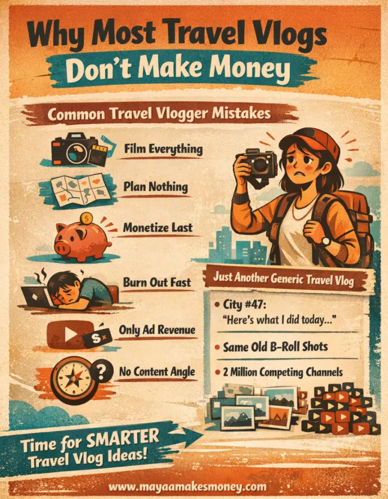 Common travel vlogger mistakes infographic explaining why generic travel vlogs fail to stand out and make money.