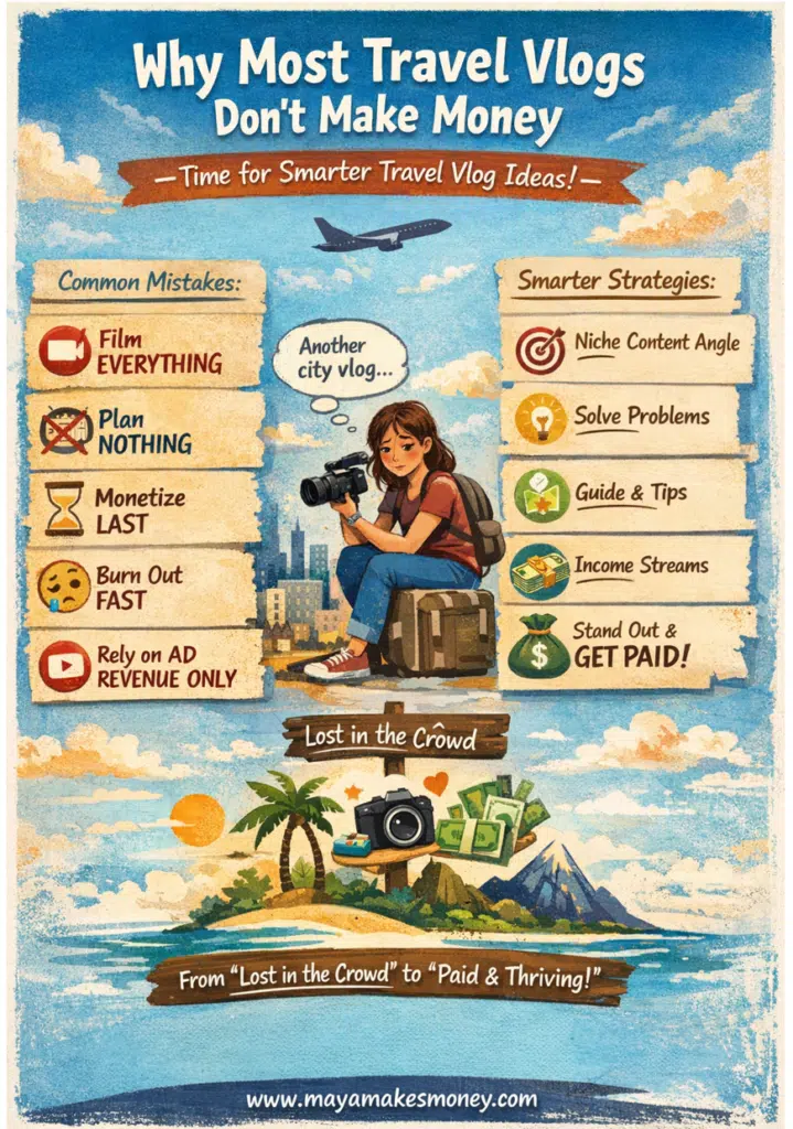 Why most travel vlogs don’t make money infographic comparing common travel vlogging mistakes with smarter monetization strategies.