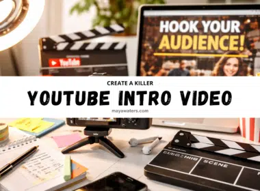 Desk setup for YouTube filming with camera, clapperboard, ring light, and laptop reading “Hook Your Audience!” plus “Create Killer YouTube Intro Video” banner.