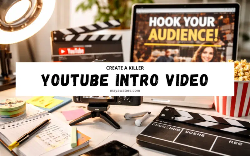 Desk setup for YouTube filming with camera, clapperboard, ring light, and laptop reading “Hook Your Audience!” plus “Create Killer YouTube Intro Video” banner.