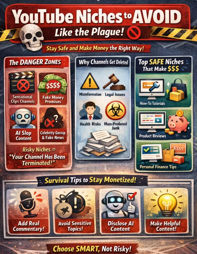 youtube niche ideas infographic showing YouTube niches to avoid, risky content types, and safe niches for monetization