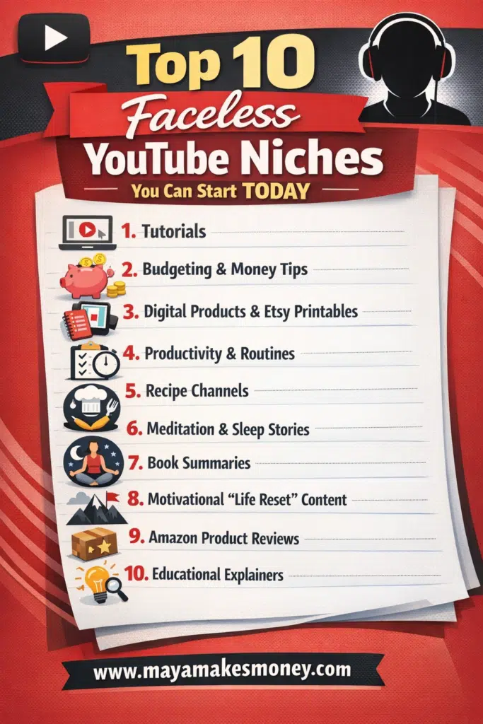 youtube niche ideas infographic showing top 10 faceless YouTube niches you can start today for passive income