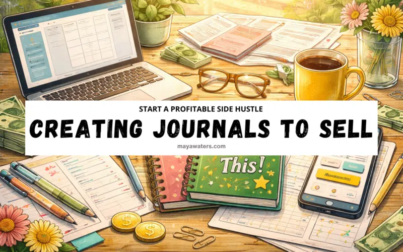 Creating journals to sell using Canva and Amazon KDP, showing planners, notebooks, and a home workspace for a profitable side hustle