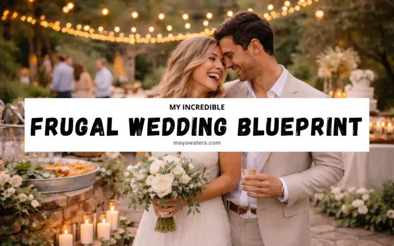 Happy couple at an outdoor wedding reception with text overlay “My Incredible Frugal Wedding Blueprint” under string lights.