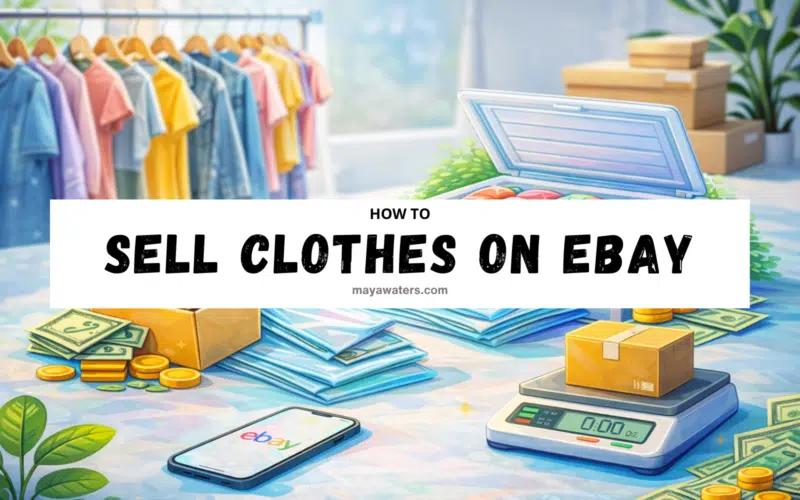 How to sell clothes on eBay banner with clothing rack, shipping boxes, scale, phone, and cash graphics.