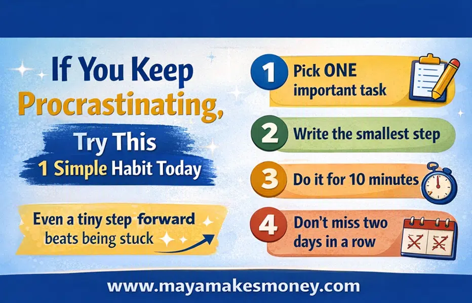 How to Stop Procrastinating with one simple habit: pick one important task, take the smallest step, work for 10 minutes, and don’t miss two days in a row