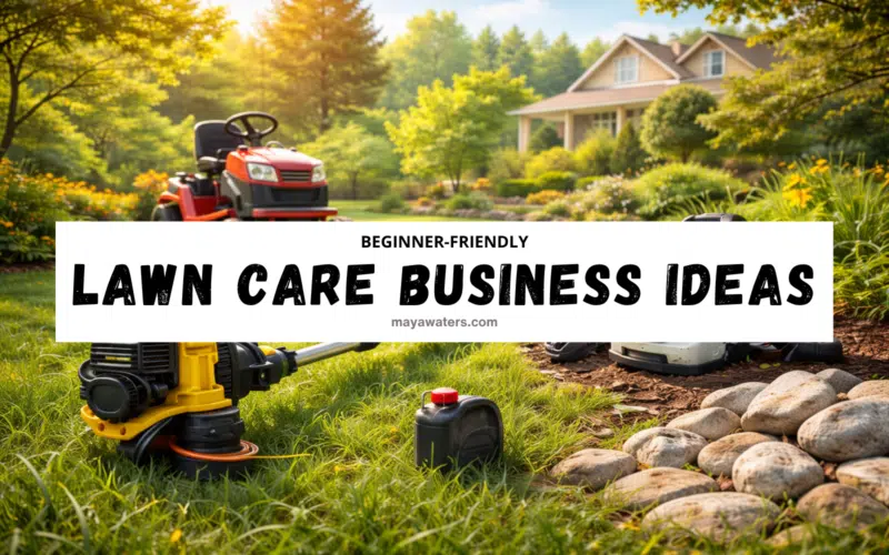 Beginner-friendly lawn care business ideas showing mowing and landscaping equipment in a residential yard for steady, local income.