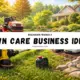 Beginner-friendly lawn care business ideas showing mowing and landscaping equipment in a residential yard for steady, local income.