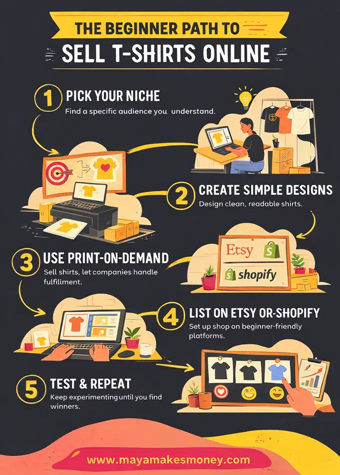 Beginner step-by-step infographic showing how to sell t-shirts online using print-on-demand, niche selection, simple designs, and platforms like Etsy and Shopify to sell t-shirts online without inventory or upfront risk.