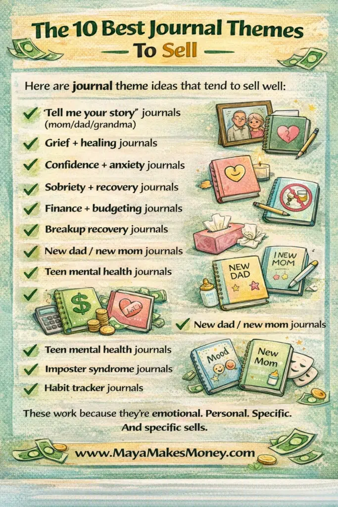 Illustrated list of the 10 best journal themes to sell, showing how creating journals to sell with emotional and specific topics can generate income on Amazon KDP.