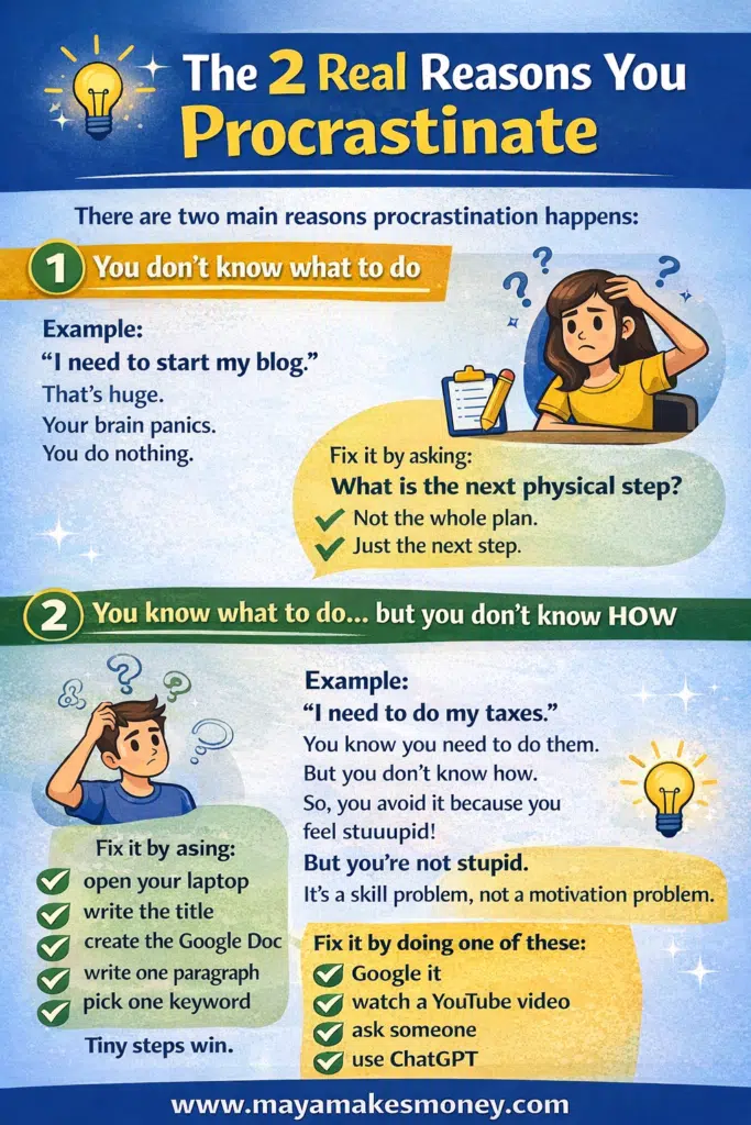 Infographic explaining How to Stop Procrastinating by breaking tasks into tiny steps and learning skills instead of avoiding discomfort.