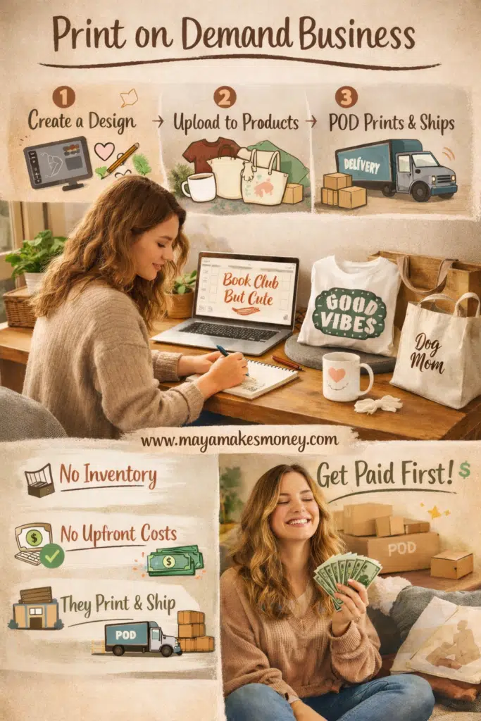 How print on demand business ideas work showing design creation, product upload, and POD printing and shipping