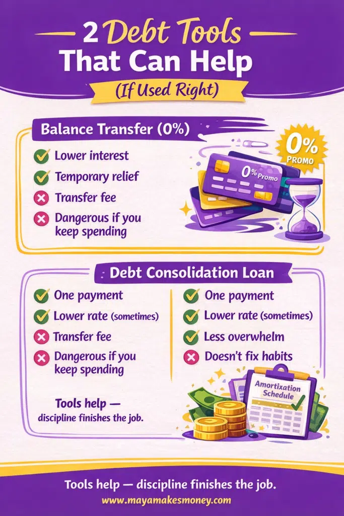 Infographic explaining two debt tools that can help if used right, comparing 0% balance transfers and debt consolidation loans with their pros and cons.