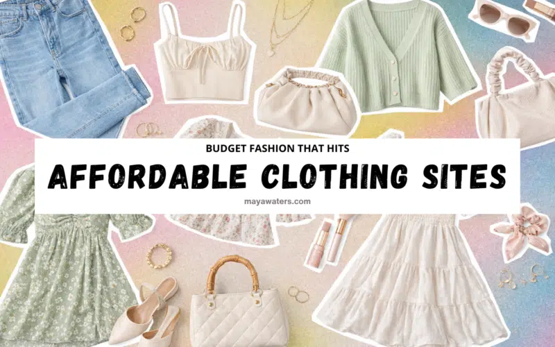 Collage of budget-friendly women's fashion: light wash jeans, sage green cardigan, floral midi dress, beige handbag, pink scrunchie, gold jewelry, and more – affordable clothing sites for trendy looks on a budget.