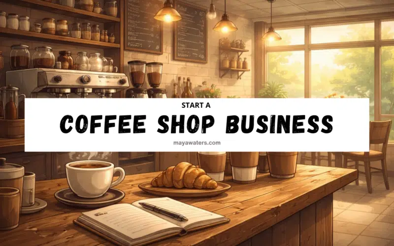 Cozy coffee shop interior with espresso machine, coffee cup, croissant, and notebook illustrating how to start a coffee shop business plan.