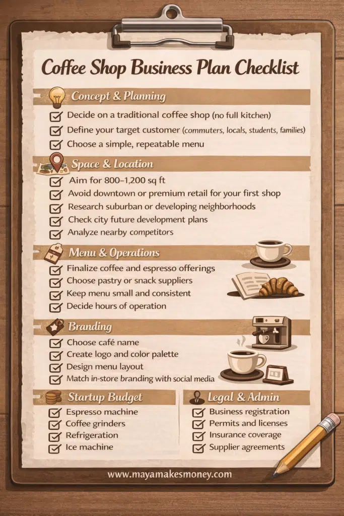 Coffee shop business plan checklist infographic covering concept, location, menu, branding, startup budget, and legal requirements.