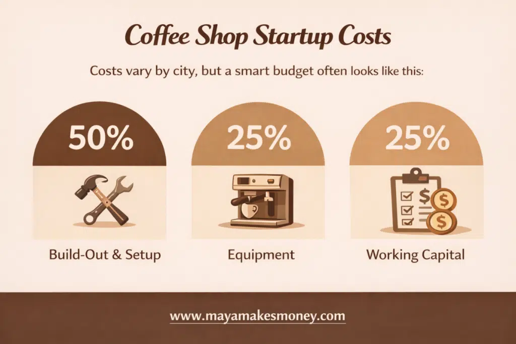 Coffee shop startup costs breakdown showing 50% build-out and setup, 25% equipment, and 25% working capital budget allocation.