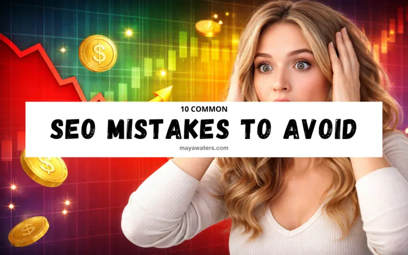 Woman looking shocked with financial graph and coins, illustrating 10 common SEO mistakes to avoid that impact website rankings and revenue.