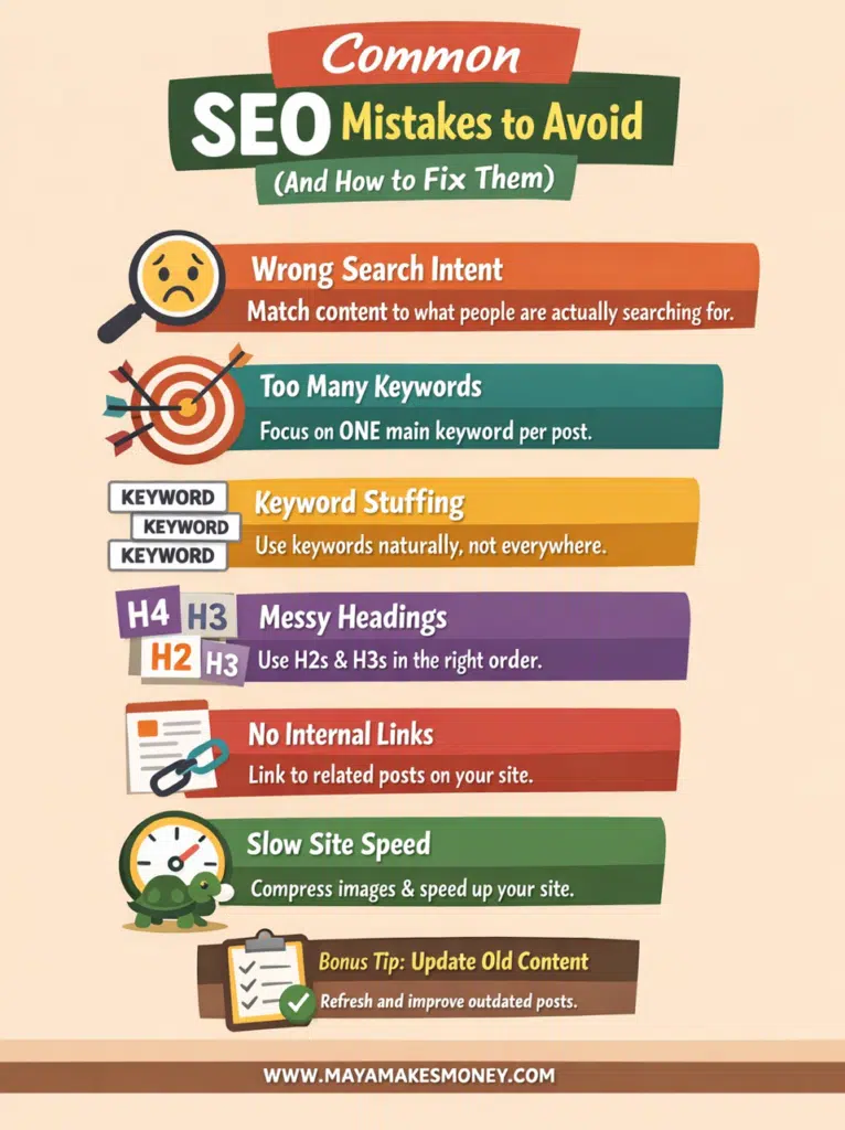 Infographic showing common SEO mistakes to avoid, including wrong search intent, keyword stuffing, messy headings, no internal links, and slow site speed.