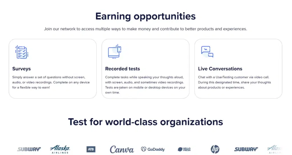 UserTesting earning opportunities showing paid surveys, recorded usability tests, and live conversations.