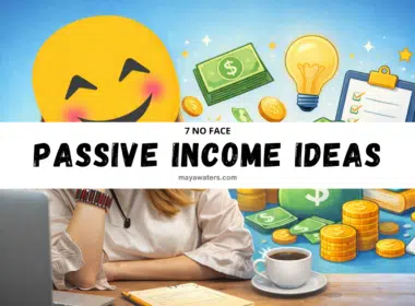 Easy passive income ideas for beginners graphic showing no-face online income methods with money icons, checklist, and laptop workspace.