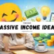 Easy passive income ideas for beginners graphic showing no-face online income methods with money icons, checklist, and laptop workspace.