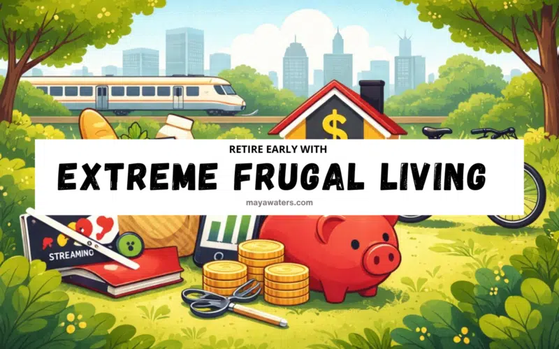 Extreme frugal living tips illustration showing saving money, cutting expenses, and retiring early through smart lifestyle choices.