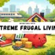 Extreme frugal living tips illustration showing saving money, cutting expenses, and retiring early through smart lifestyle choices.