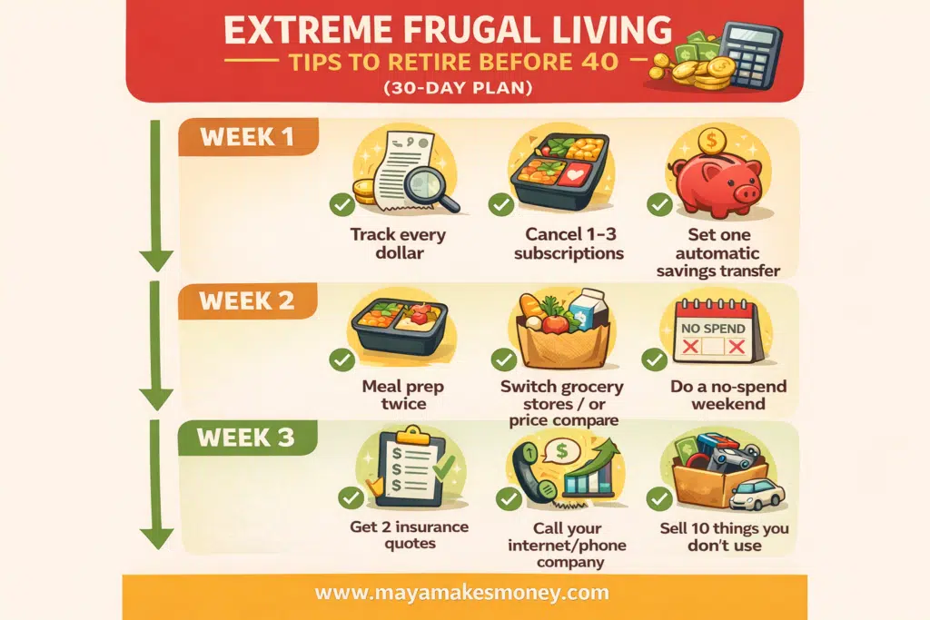 Extreme frugal living 30-day plan infographic with weekly steps to save money and retire before 40.