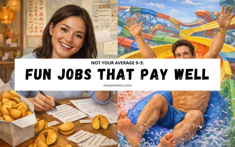 Collage showing unique fun jobs that pay well including a fortune cookie writer and a water park tester under the headline not your average 9 to 5.