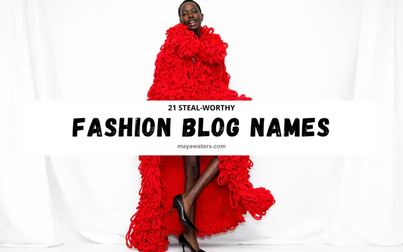 21 steal-worthy fashion blog names featured image with model in red statement outfit and bold headline text.