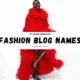 21 steal-worthy fashion blog names featured image with model in red statement outfit and bold headline text.