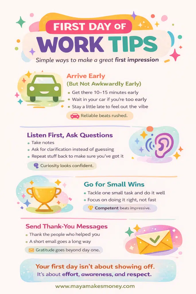 Colorful infographic: First Day of Work Tips for a great first impression – arrive early, listen and ask questions, small wins, thank-you messages. Perfect new job advice for beginners!