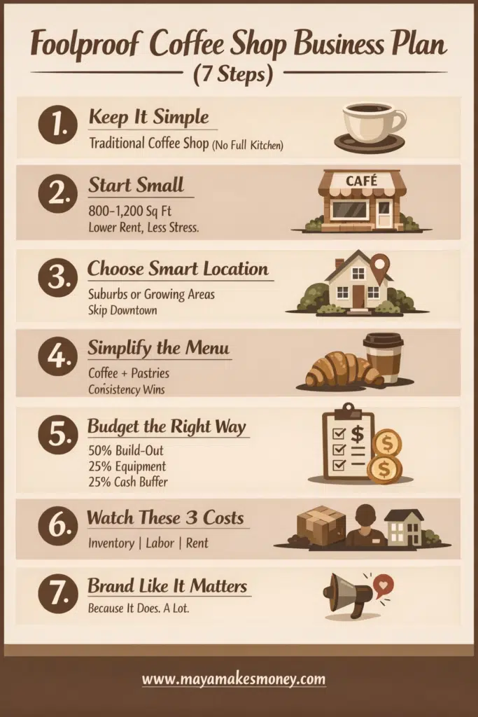Infographic outlining a foolproof coffee shop business plan with 7 steps including location, budgeting, menu simplification, and branding.
