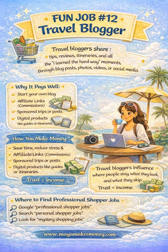 Colorful infographic Fun Job #12: Travel Blogger – make money sharing travel tips, itineraries, photos, and reviews through affiliate links, sponsored trips, and digital guides. Dream lifestyle income!