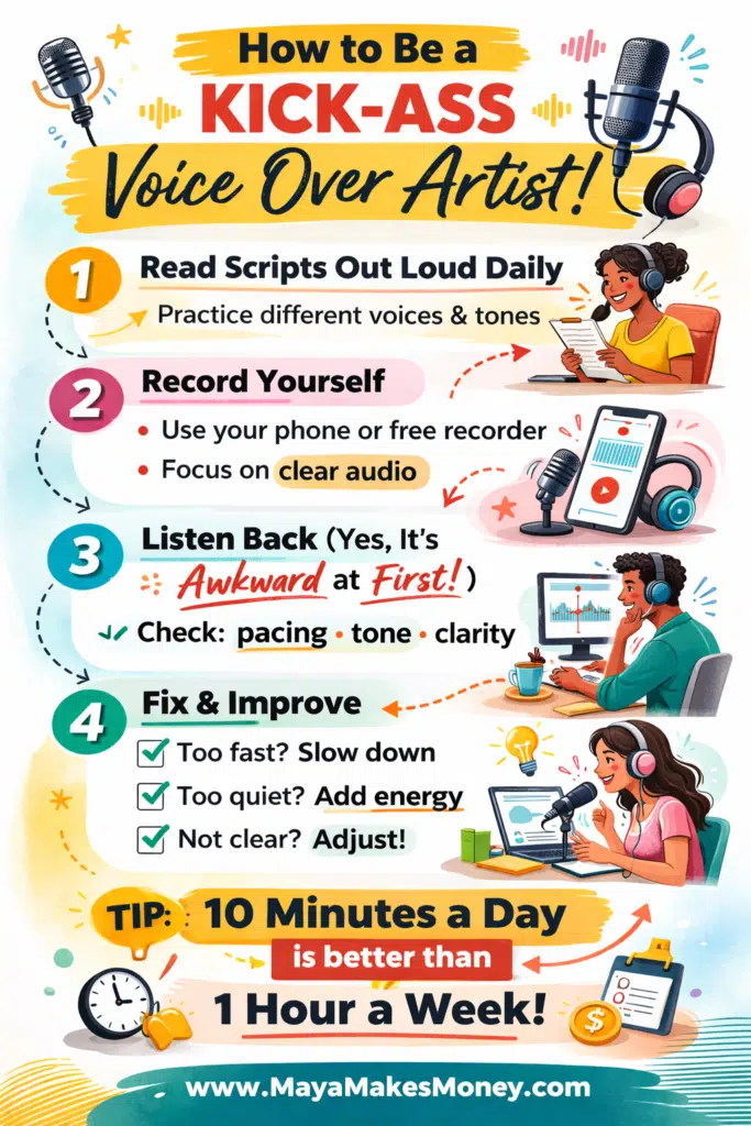 Step-by-step guide on how to become a voice over artist including daily script practice, recording yourself, improving pacing and tone, and consistent training.