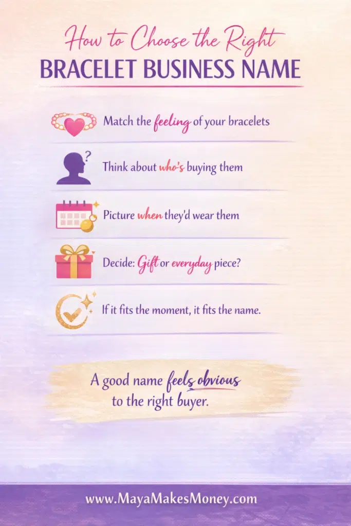 Step-by-step guide on how to choose the right bracelet business name by matching customer feeling, buyer type, and occasion.