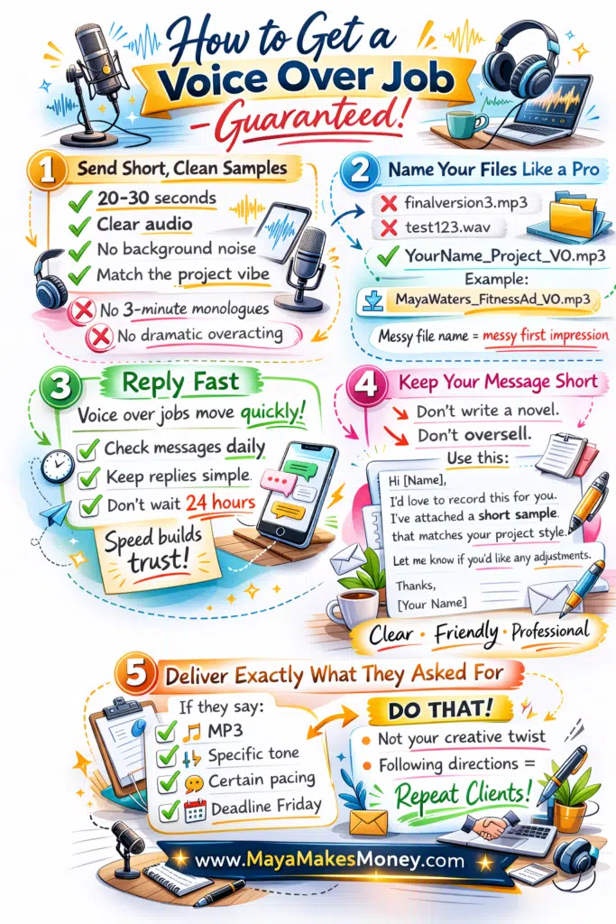 Infographic explaining how to get a voice over job with tips on sending short samples, naming audio files properly, replying fast, and delivering exactly what clients ask for.
