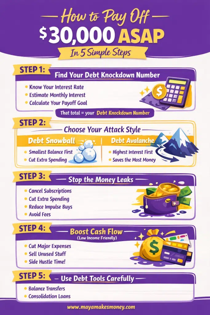 Infographic showing how to pay off $30,000 ASAP in 5 simple steps, including debt snowball vs avalanche, cutting expenses, boosting cash flow, and using debt tools.
