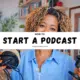 Woman podcaster with curly hair and blue shirt holding professional microphone and headphones in cozy home studio, demonstrating How to Start a Podcast for Beginners.