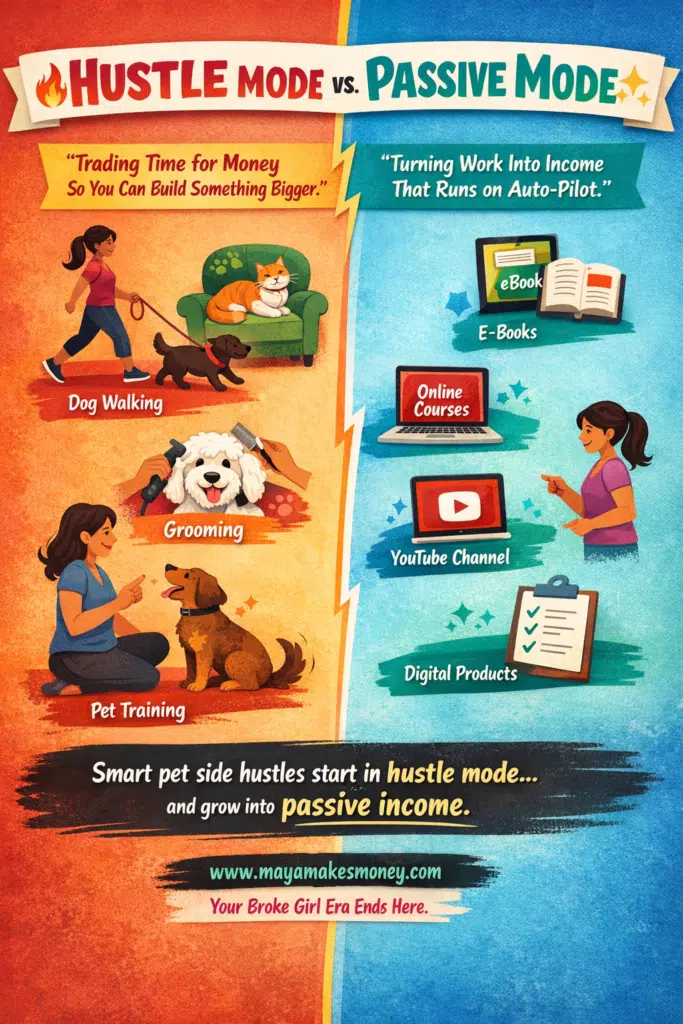 Hustle mode vs passive mode comparison for pet side hustles showing dog walking and grooming versus ebooks and online courses.