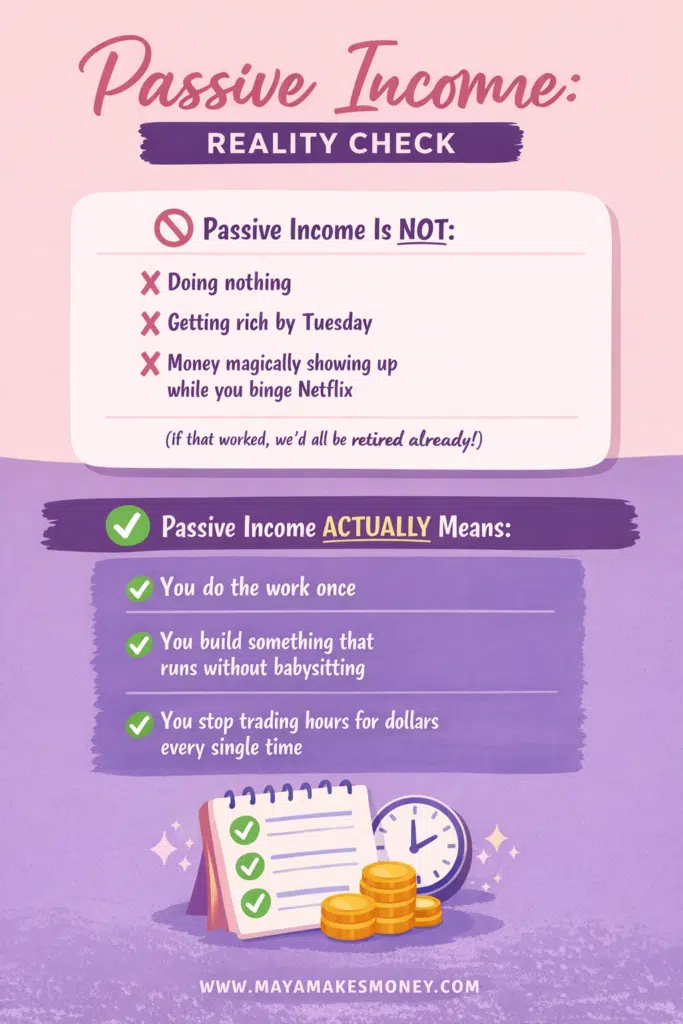 Passive income reality check infographic explaining what passive income is and is not for beginners.