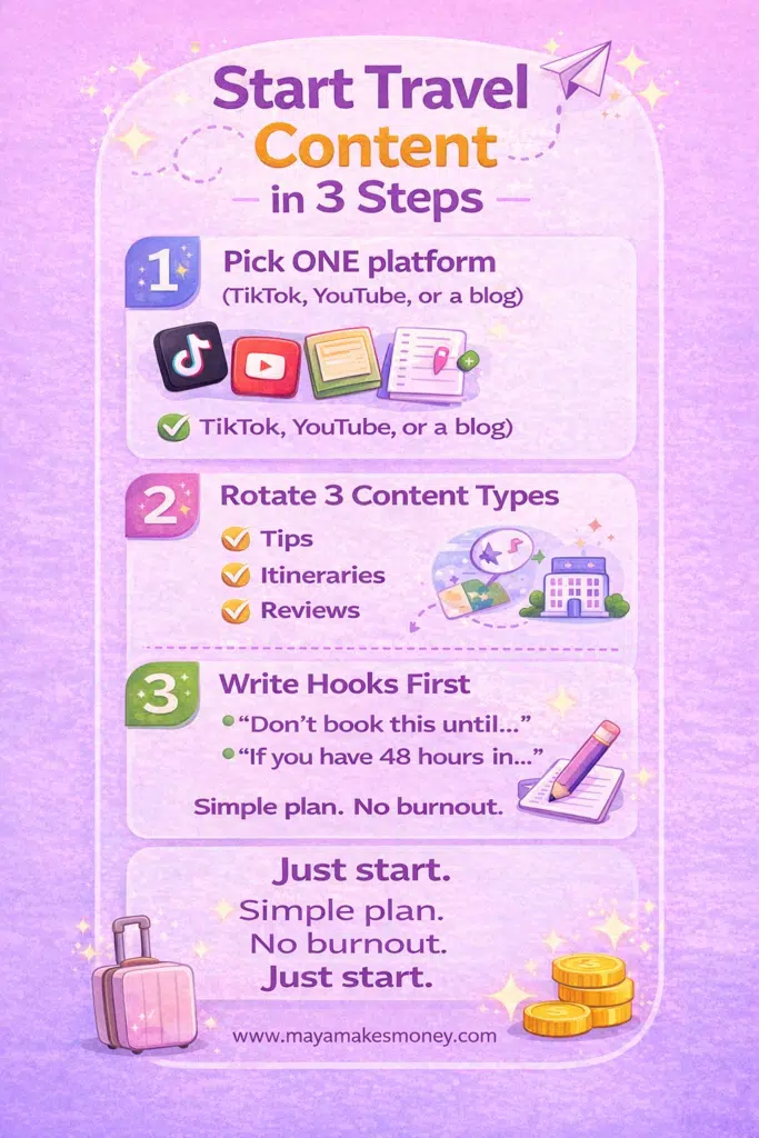 3-step guide to start as travel content creator: pick one platform (TikTok, YouTube, blog), rotate tips/itineraries/reviews content, write strong hooks first – simple no-burnout plan 2026.