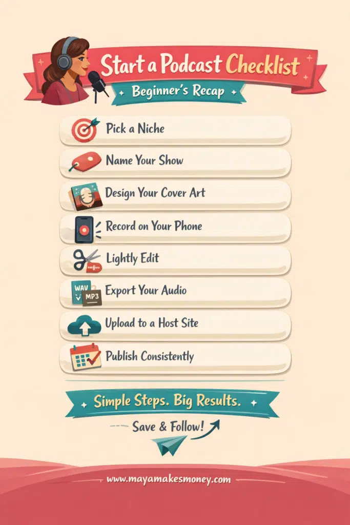 Beginner podcast checklist infographic showing steps to start a podcast: pick niche, name show, design cover art, record on phone, edit, export audio, upload to host, publish consistently.