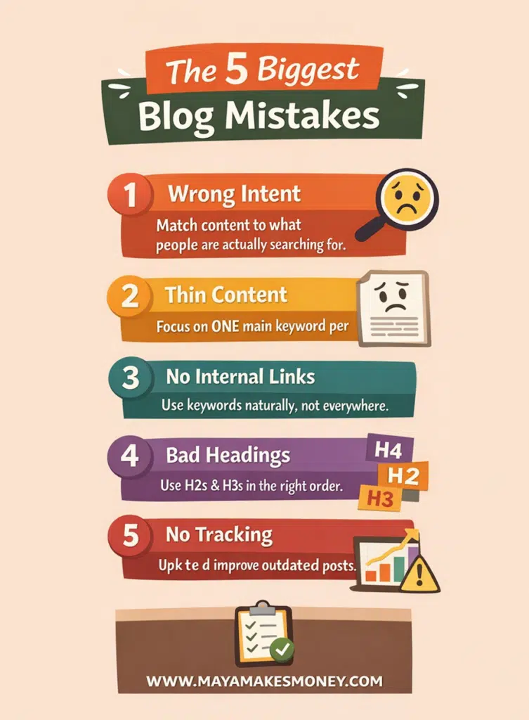Infographic showing the five biggest blog mistakes, including wrong intent, thin content, no internal links, bad headings, and no tracking.