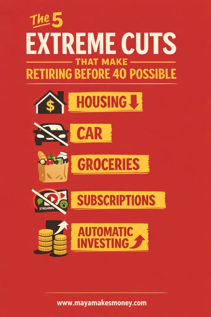 Five extreme frugal living cuts infographic highlighting housing, car, groceries, subscriptions, and investing.