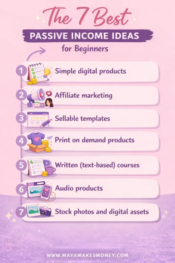The 7 best passive income ideas for beginners including digital products, affiliate marketing, templates, print on demand, courses, audio products, and stock assets.