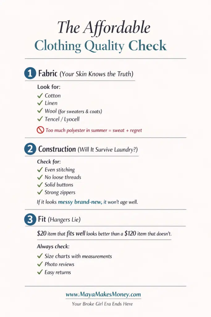 Infographic: Affordable Clothing Quality Checklist – best fabrics like cotton, linen, Tencel; construction tips for stitching, buttons, zippers; and fit advice showing $20 well-fitted item beats $120 poor fit.