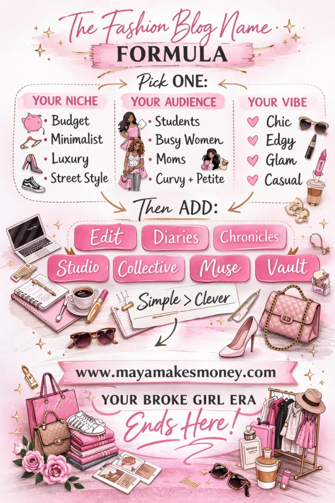 Fashion blog name formula infographic showing niche, audience, and vibe framework for creating stylish blog names.
